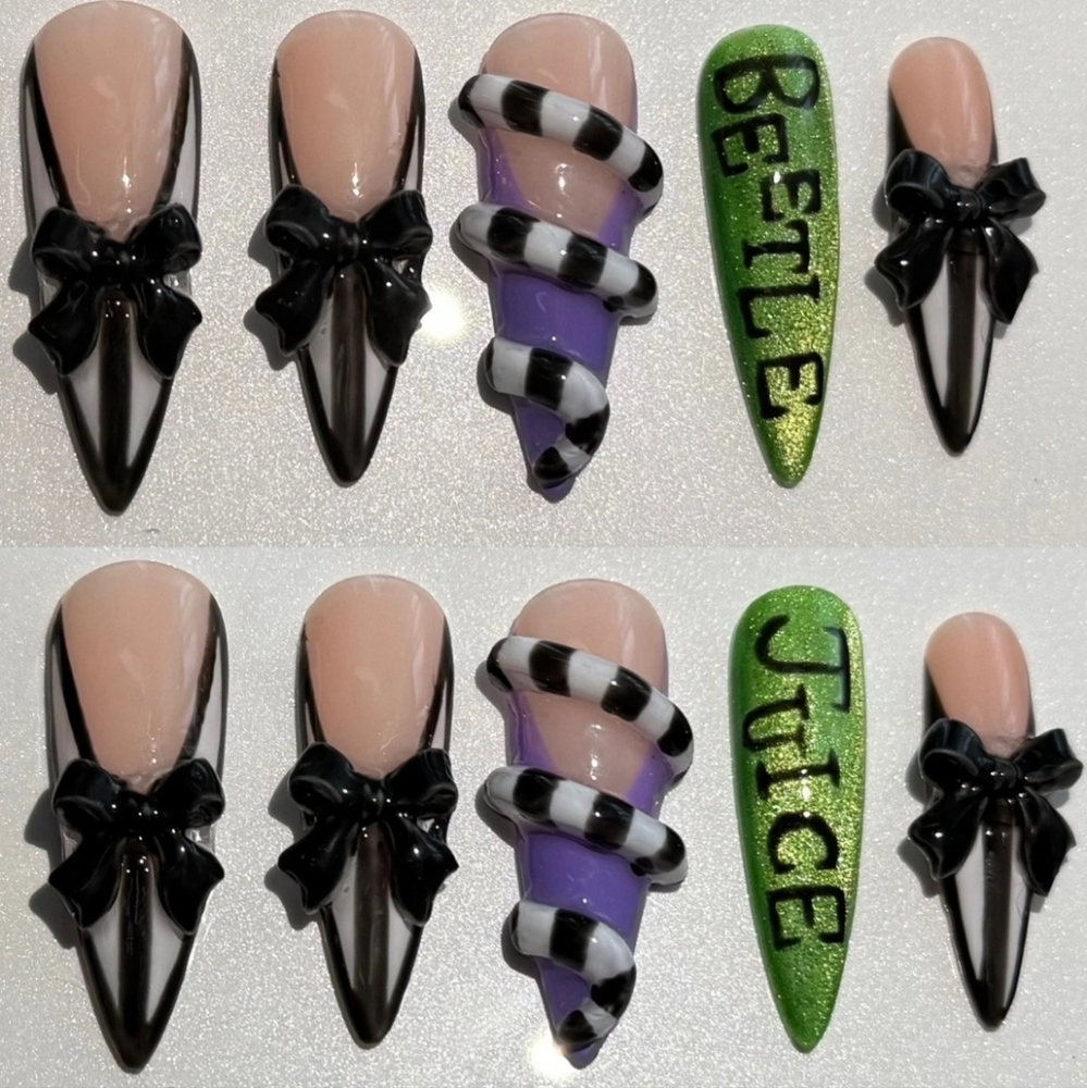 Custom Hand Painted Halloween Stilleto BeetleJuice Cateye Press On Nails 10 Pc